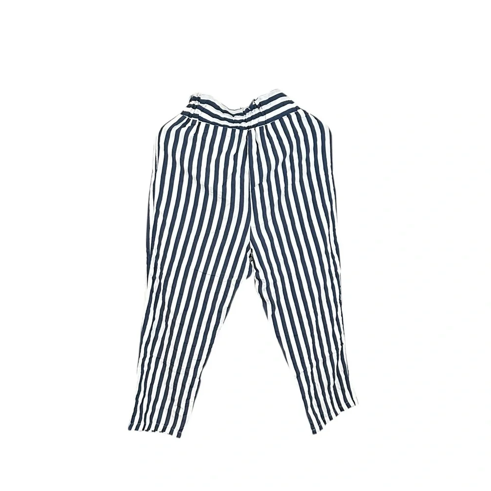 ZARA Navy White Striped Paperbag Waist Pants Size 8 - Picture 7 of 13